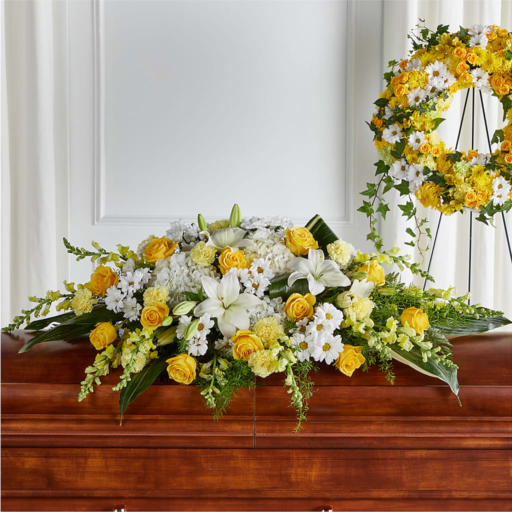 Golden Harmony Casket Spray – Elikonia Flores Y Eventos, San Juan PR
