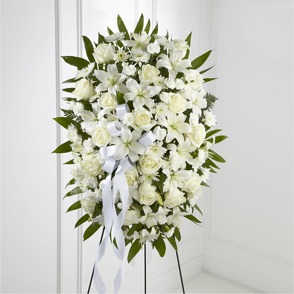 Exquisite Tribute Standing Spray-White Ribbon – Elikonia Flores Y Eventos, San Juan PR