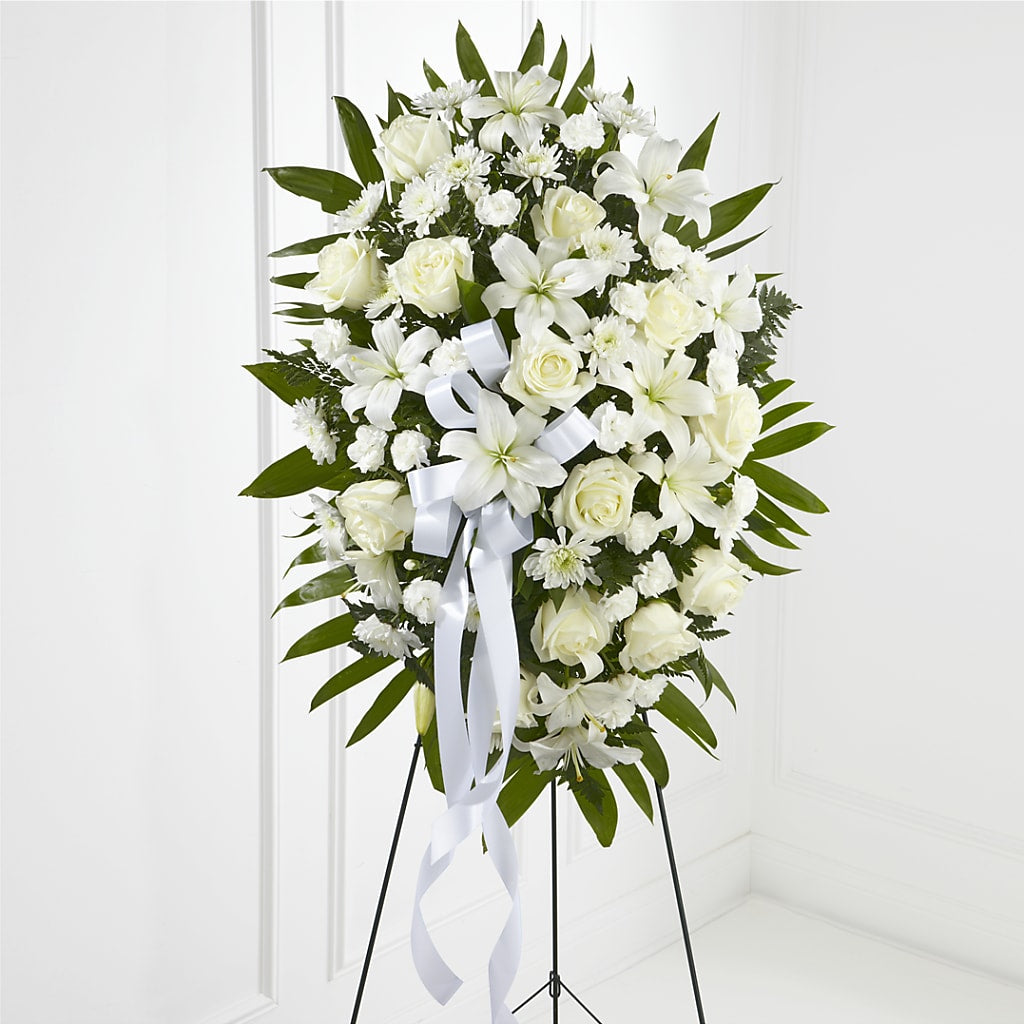 Exquisite Tribute Standing Spray-White Ribbon – Elikonia Flores Y Eventos, San Juan PR